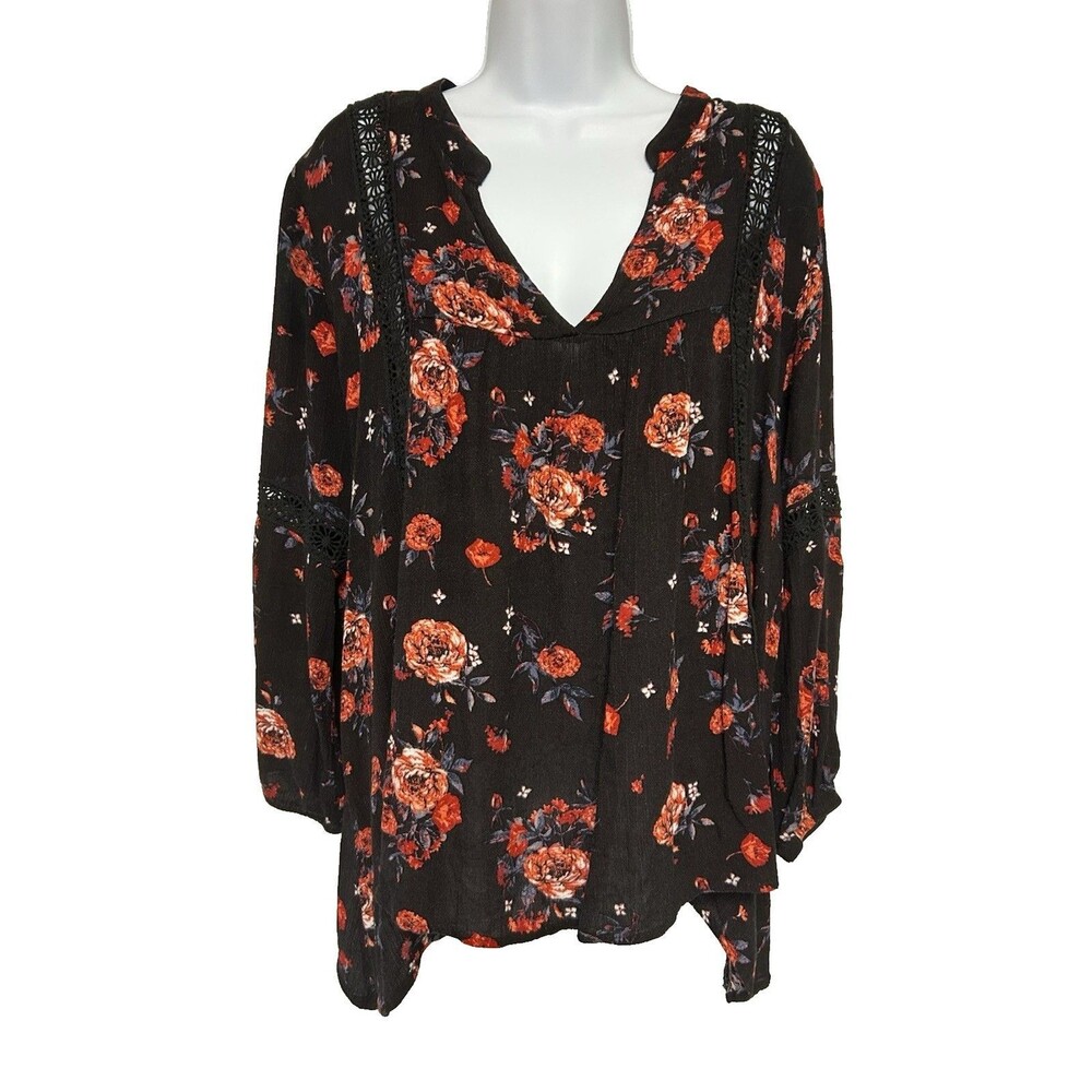 Black Floral V Neck Crochet Long Sleeves Blouse Belle du Jour Women's Size XL